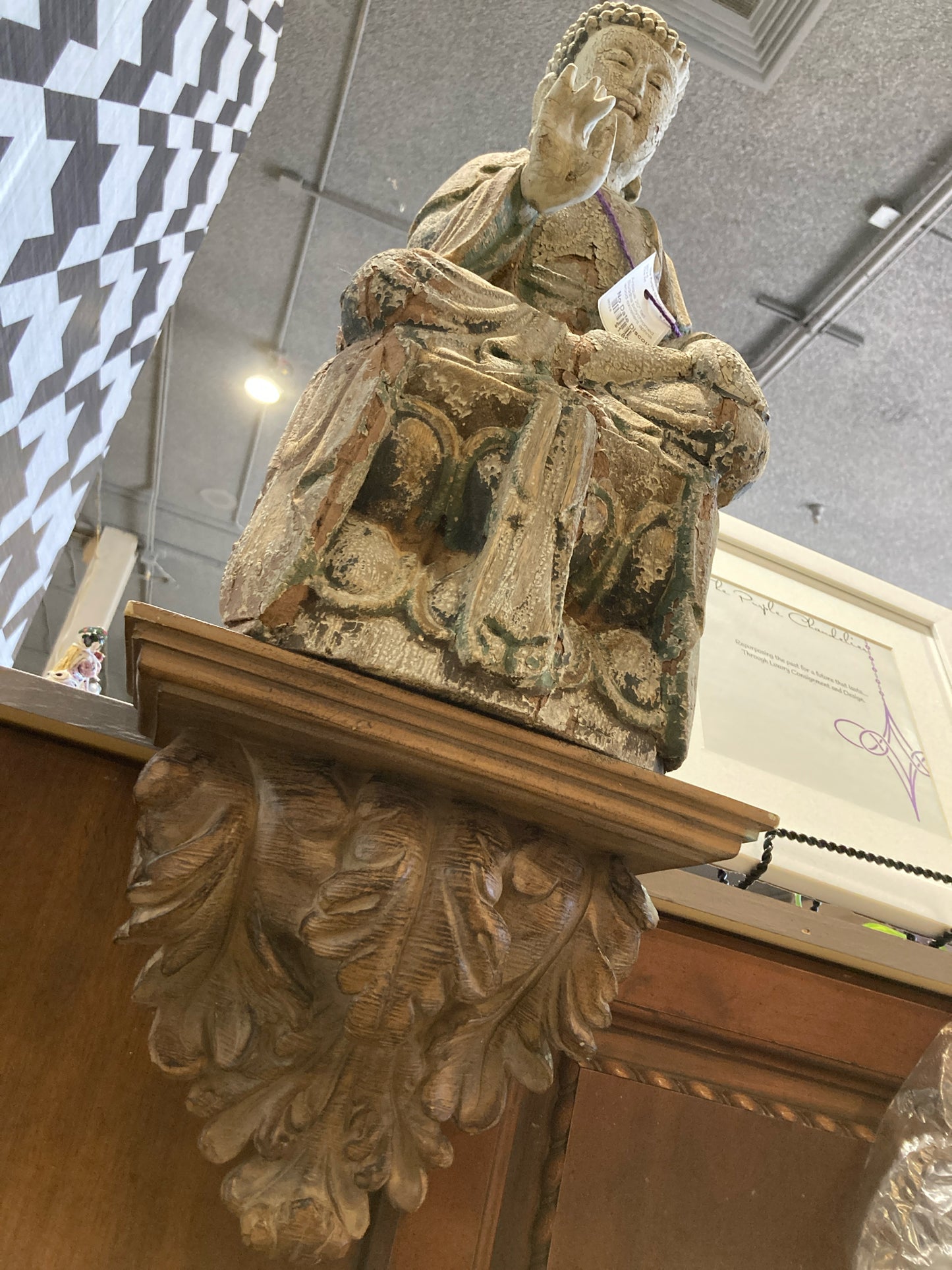 Antique 20" tall Buddha polychromed wood