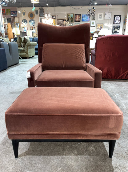 CB2 Contemporary Brown Velvet Wing Chair & Ottoman Set
