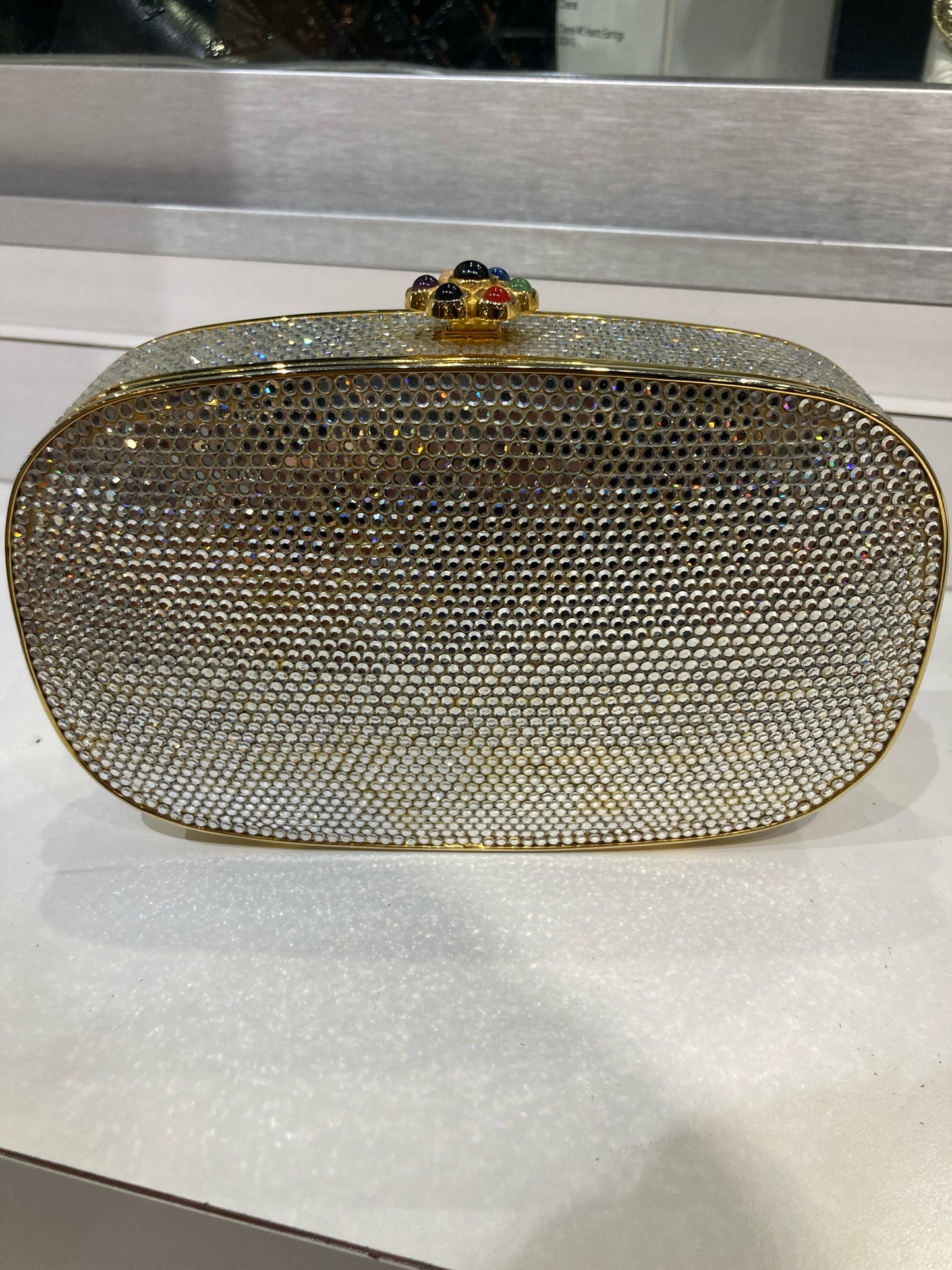 Judith Leiber Oval Clear Rhinestone Minaudiere Clutch