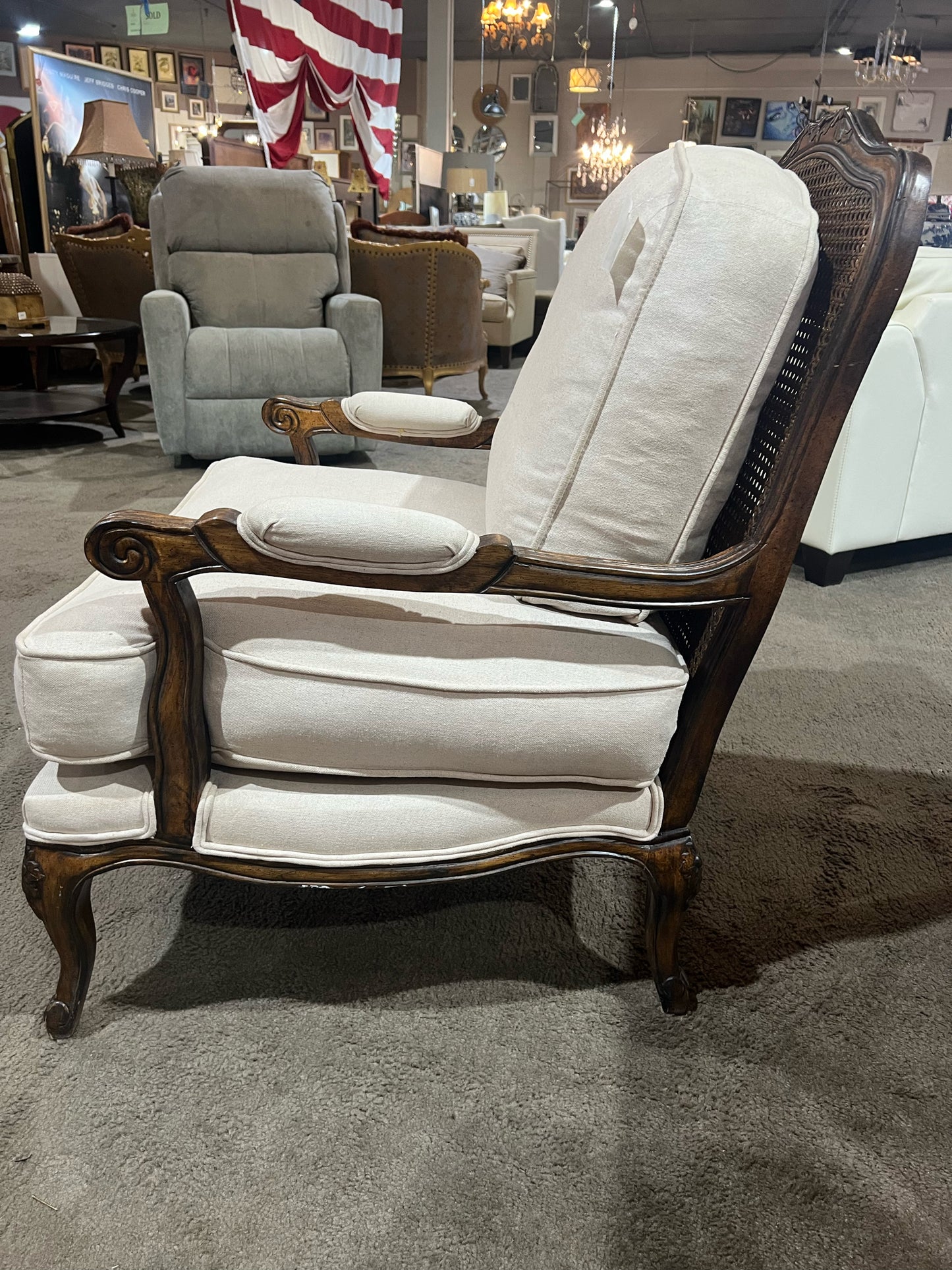 White Fabric & Dark Wood Frame Bergère Chair