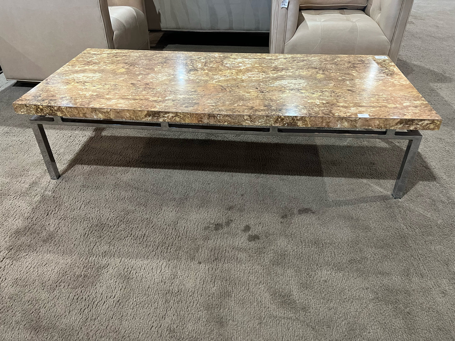 Milo Boughman Style Chrome Frame & Faux Olive Wood Top Coffee Table