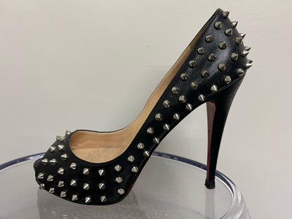 Christian Louboutin Black Leather Silver Spike Heels