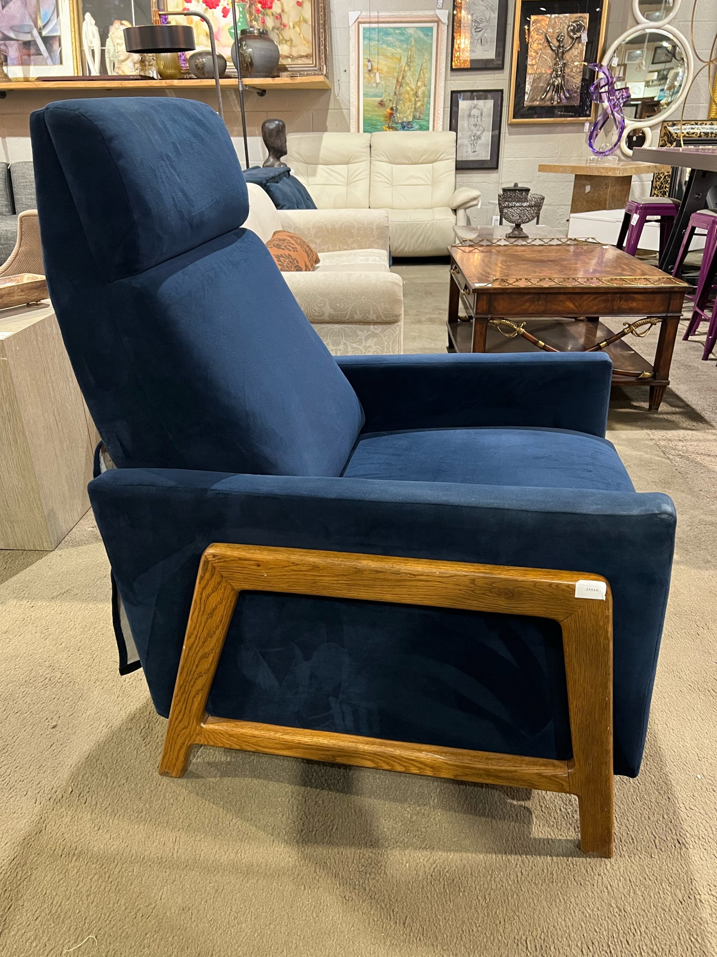 Albany Industries Blue Fabric & Wood Trim MCM "Adele" Recliner
