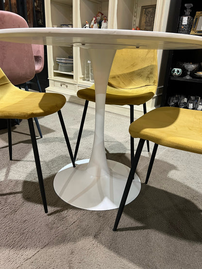 White Modern Tulip Table w/ 4 Mustard Fabric Chairs