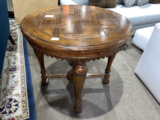 Round Darkwood Woven Top Side With Table Ornate Base