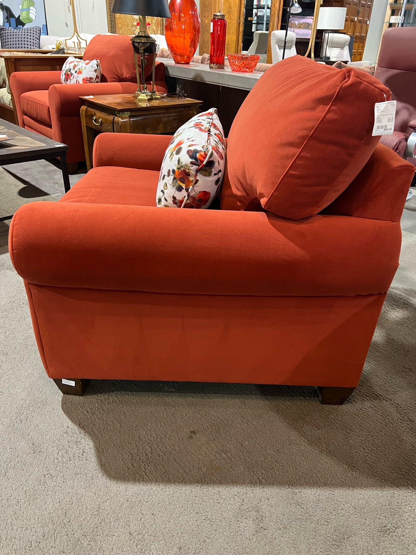 Bassett Rust Fabric Club Chair & Custom Floral Pillow