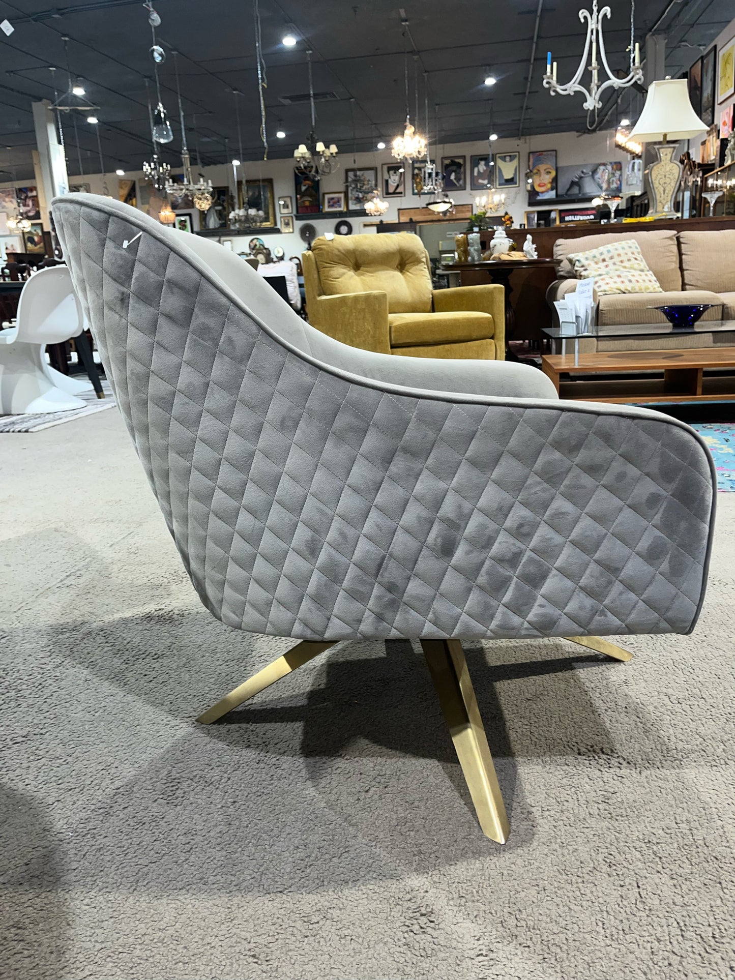 Houzz Gray Diamond Tufted Velvet Swivel Chair