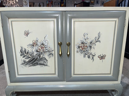 White Two Door Floral Painted Wood Nightstand