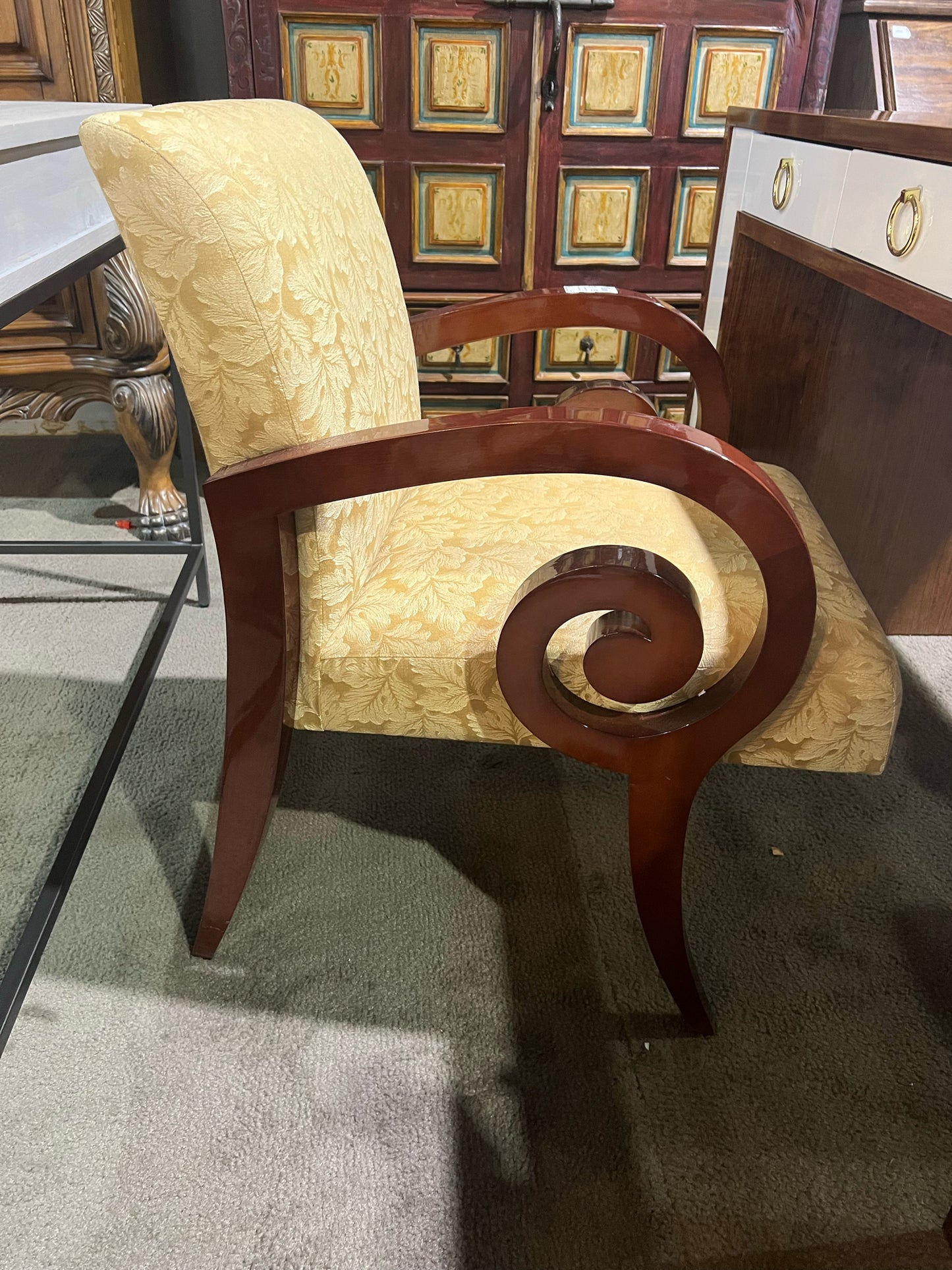Gold Floral Fabric & Wood Frame Chair