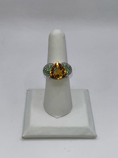 14K White Gold Orange Sapphire & Green Amethyst Ring