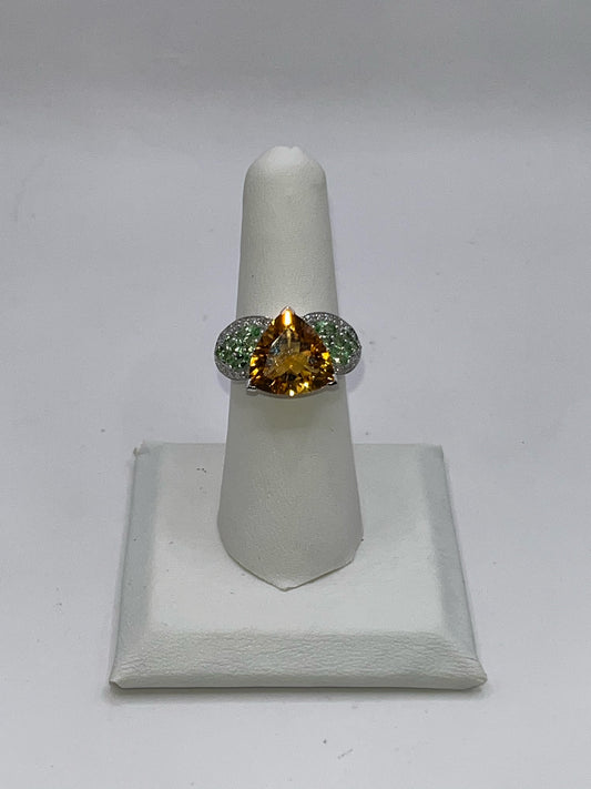 14K White Gold Orange Sapphire & Green Amethyst Ring