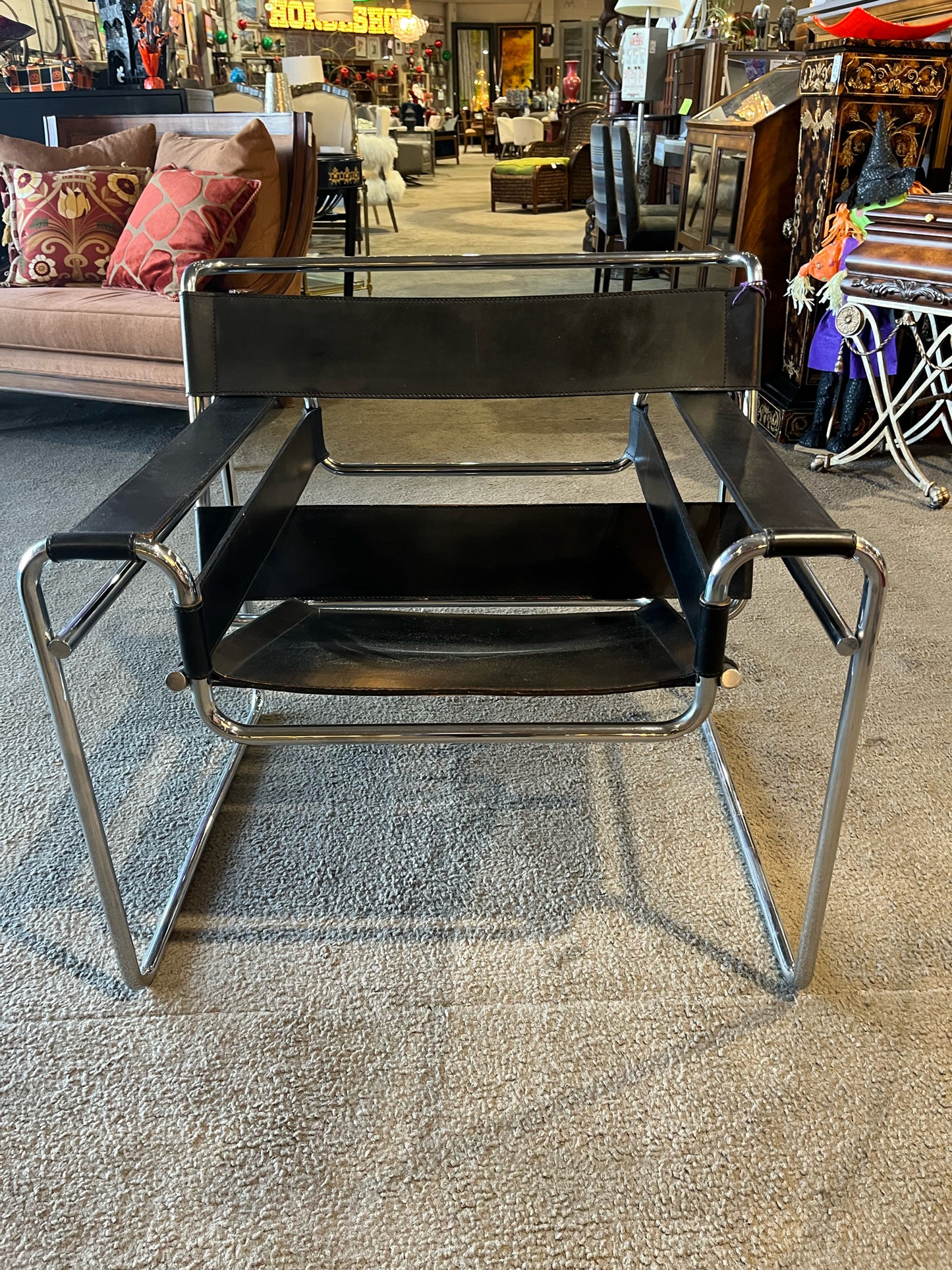 Black Leather & Chrome Frame Marcel Breuer Style Wassily Chair