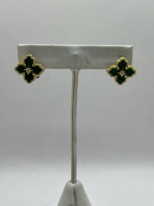 "Roberta Coin" Style Silver Clover Earrings with Gold Overlay & Crystal Embellishment