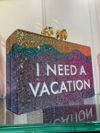 Kate Spade "I Need A Vacation" Hard Plastic Glitter Clutch