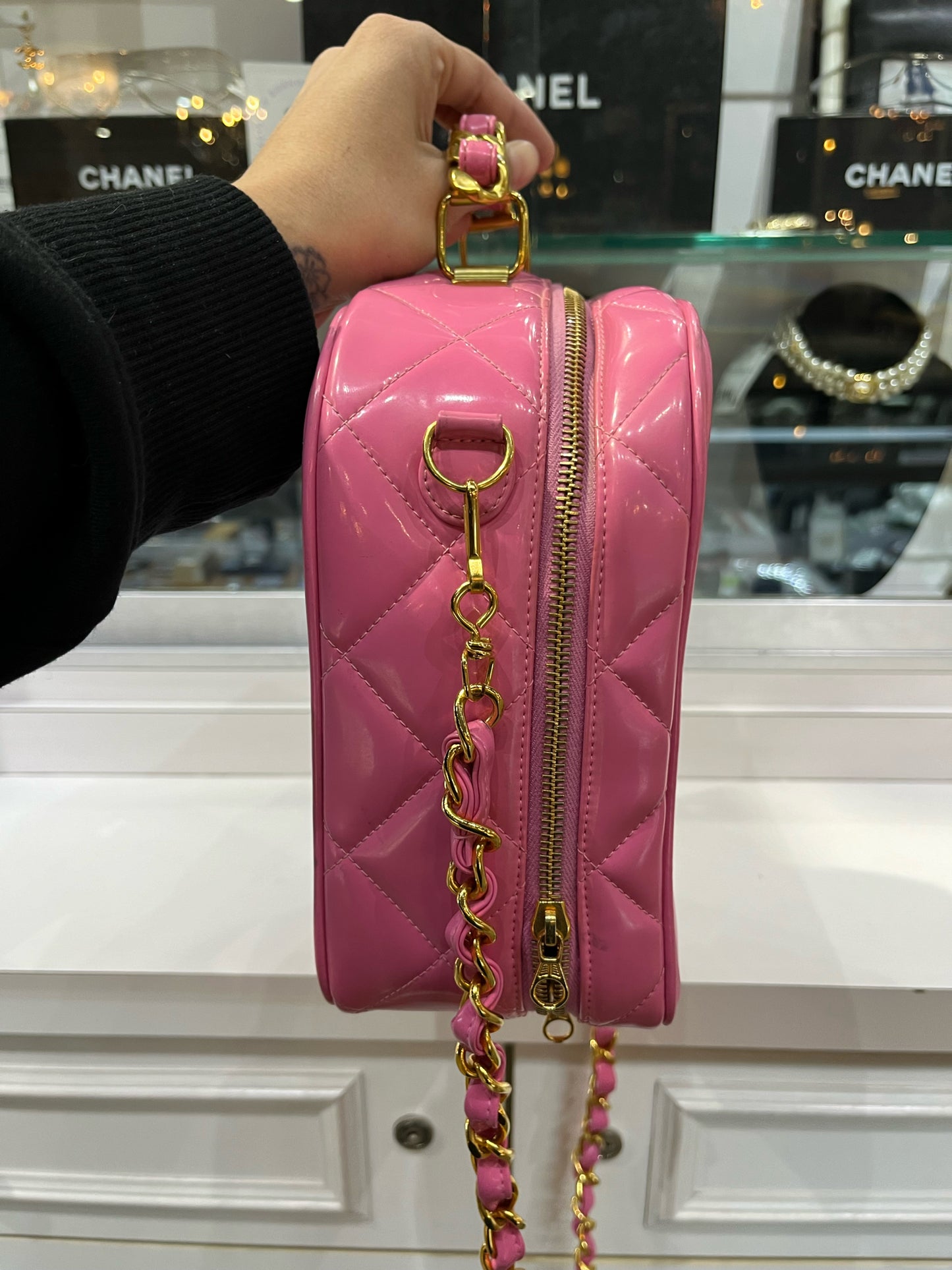 Chanel Pink Quilted Patent Leather Handbag