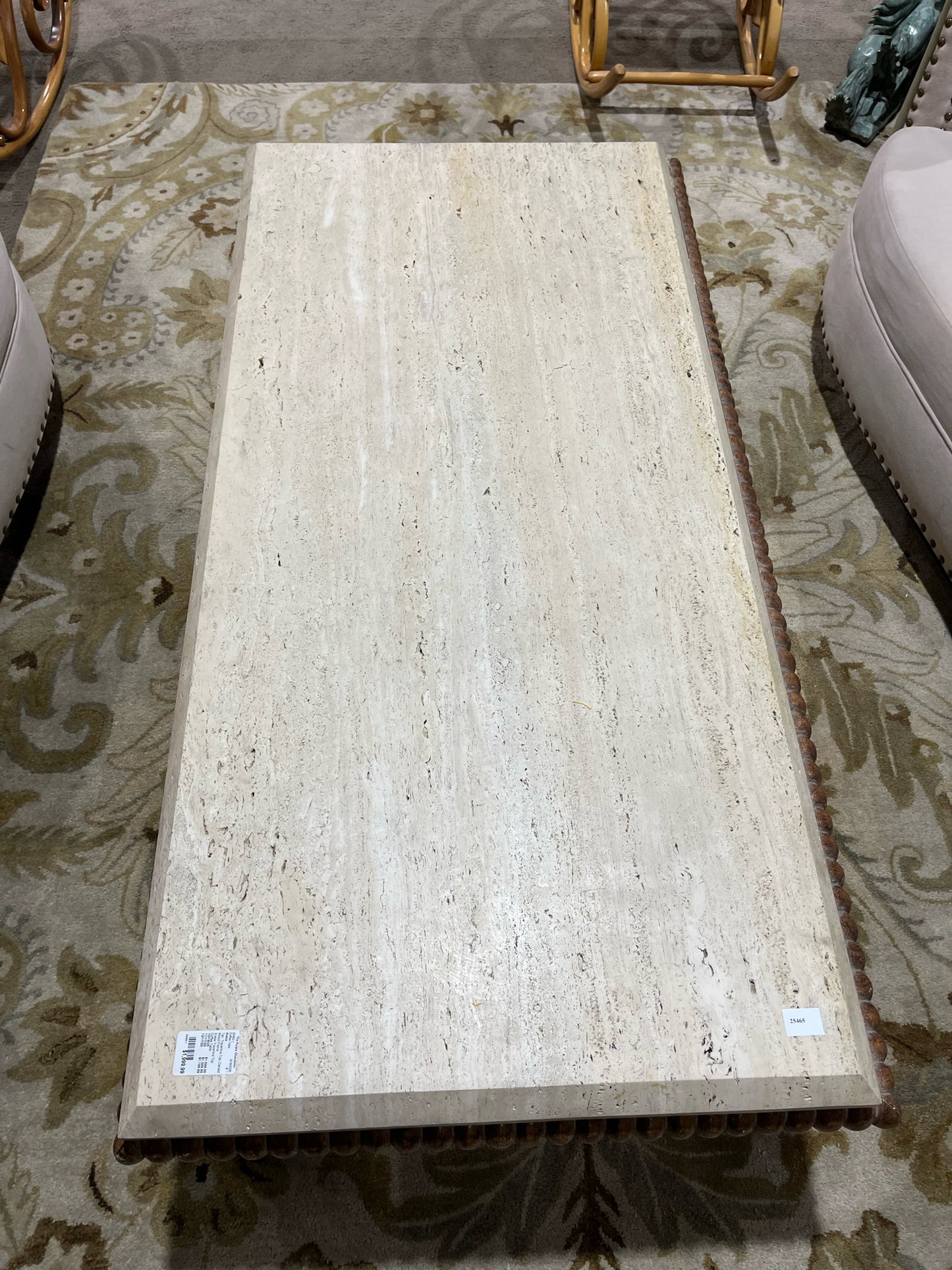 Kreiss Tan Travertine Top & Carved Wood Frame Coffee Table