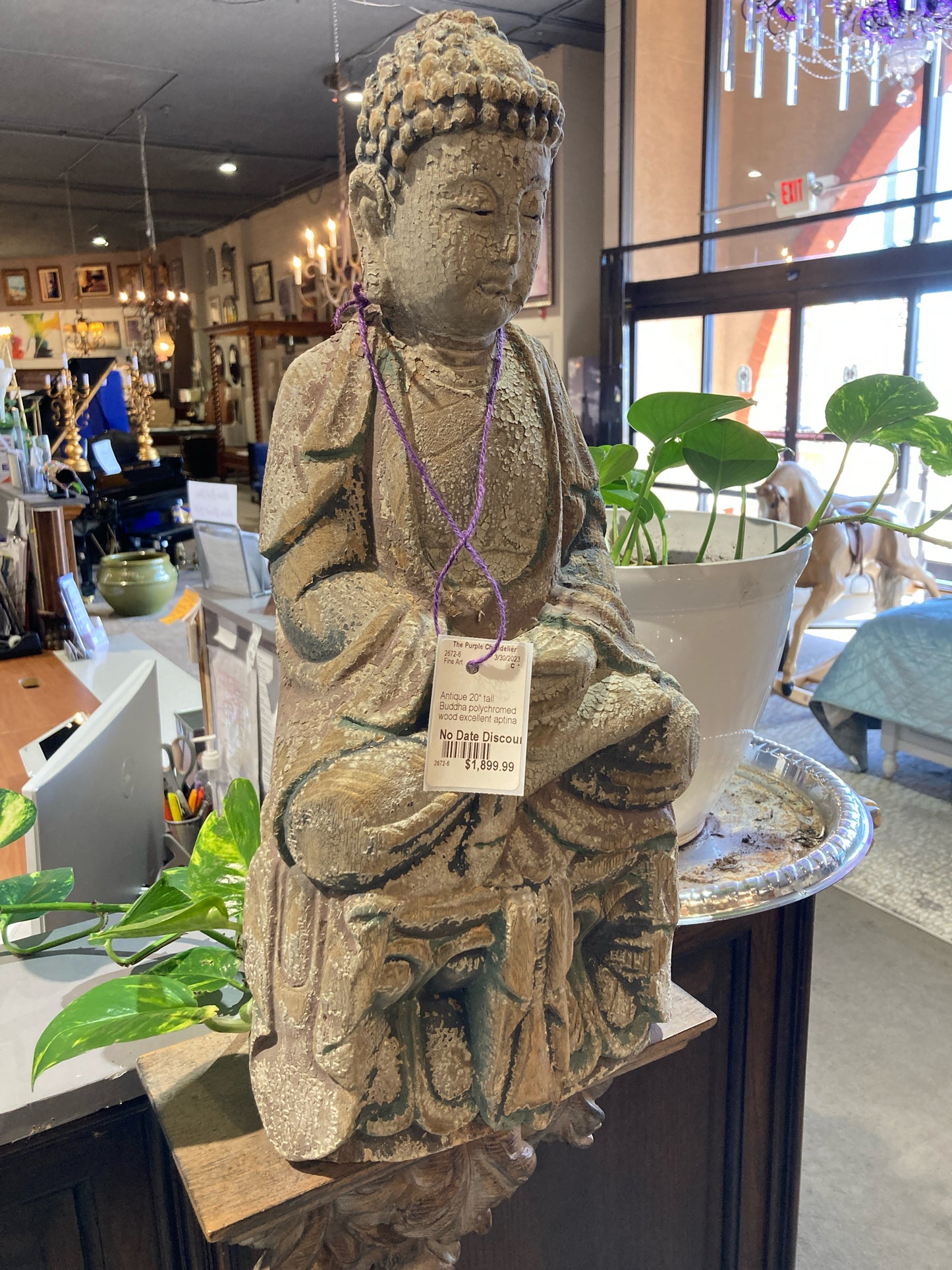 Antique 20" tall Buddha polychromed wood