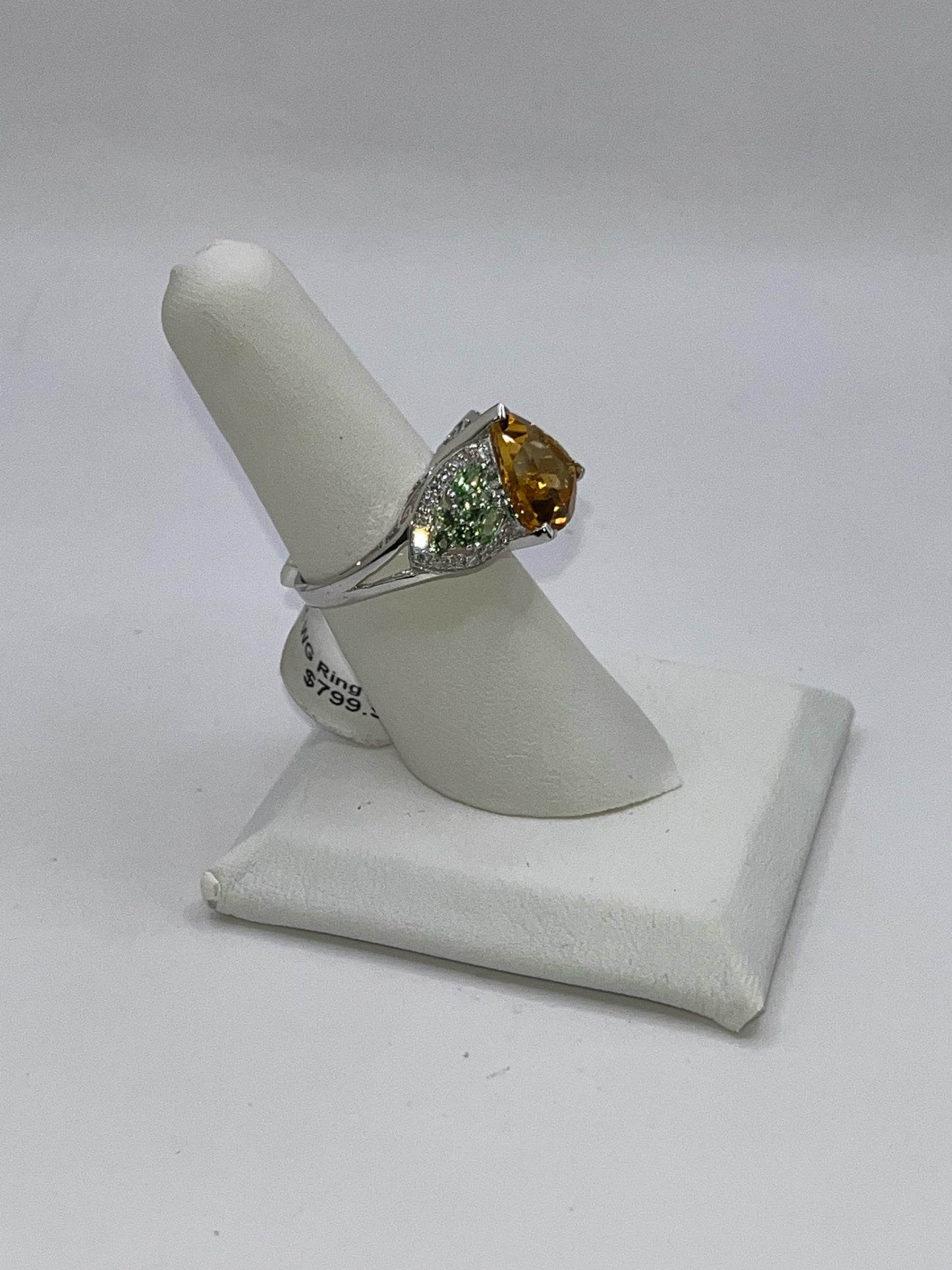 14K White Gold Orange Sapphire & Green Amethyst Ring