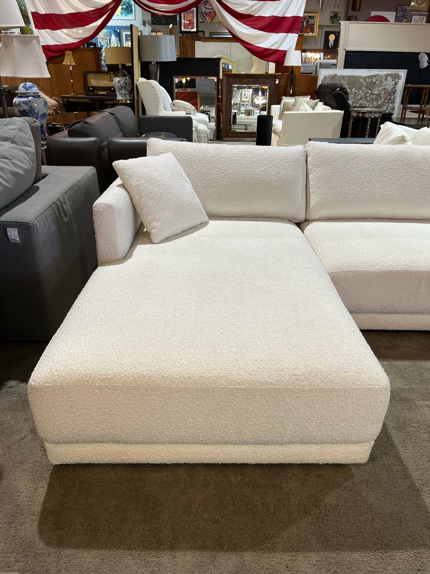 White Boucle Fabric Sectional Sofa Set