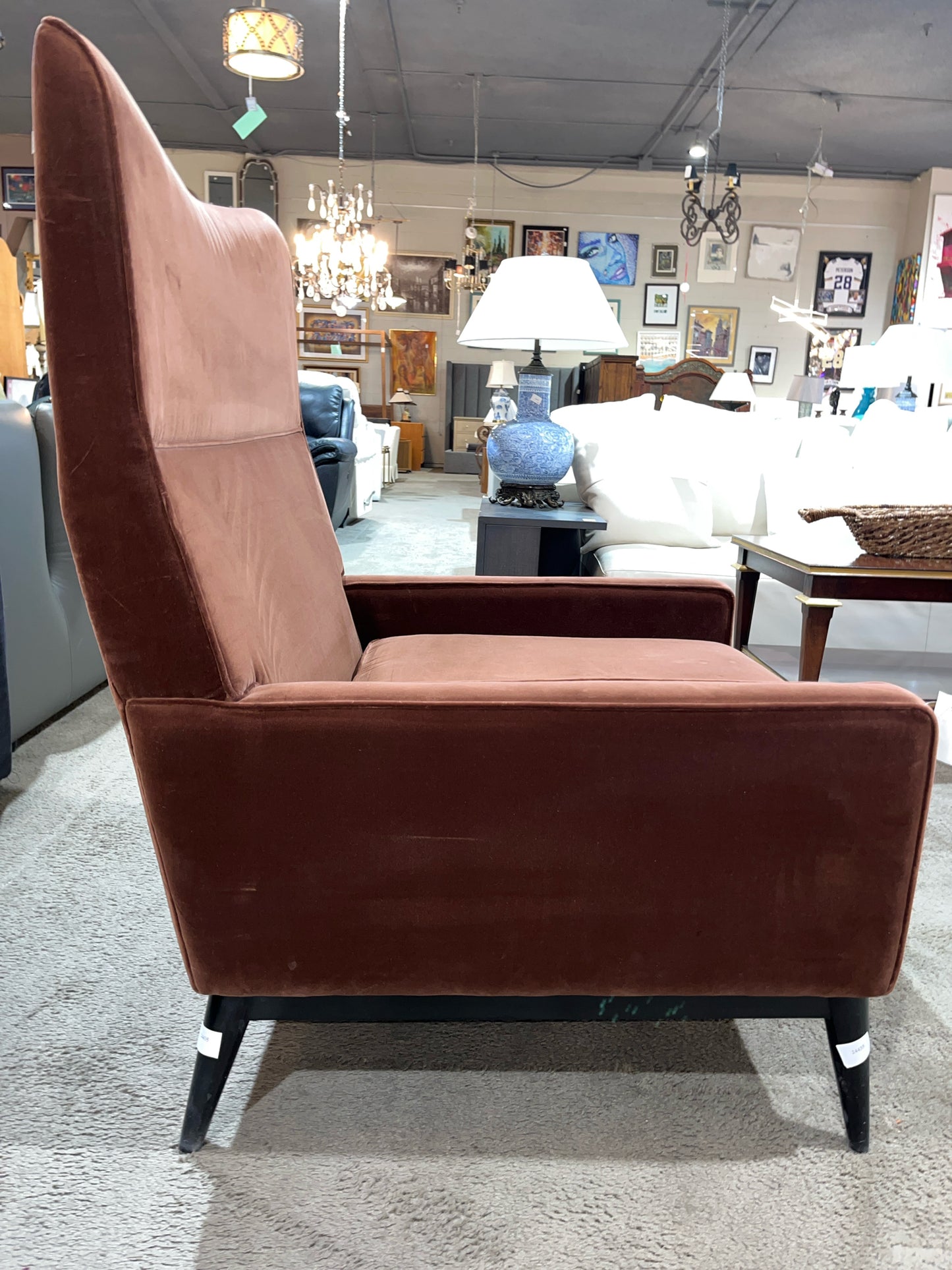 CB2 Contemporary Brown Velvet Wing Chair & Ottoman Set