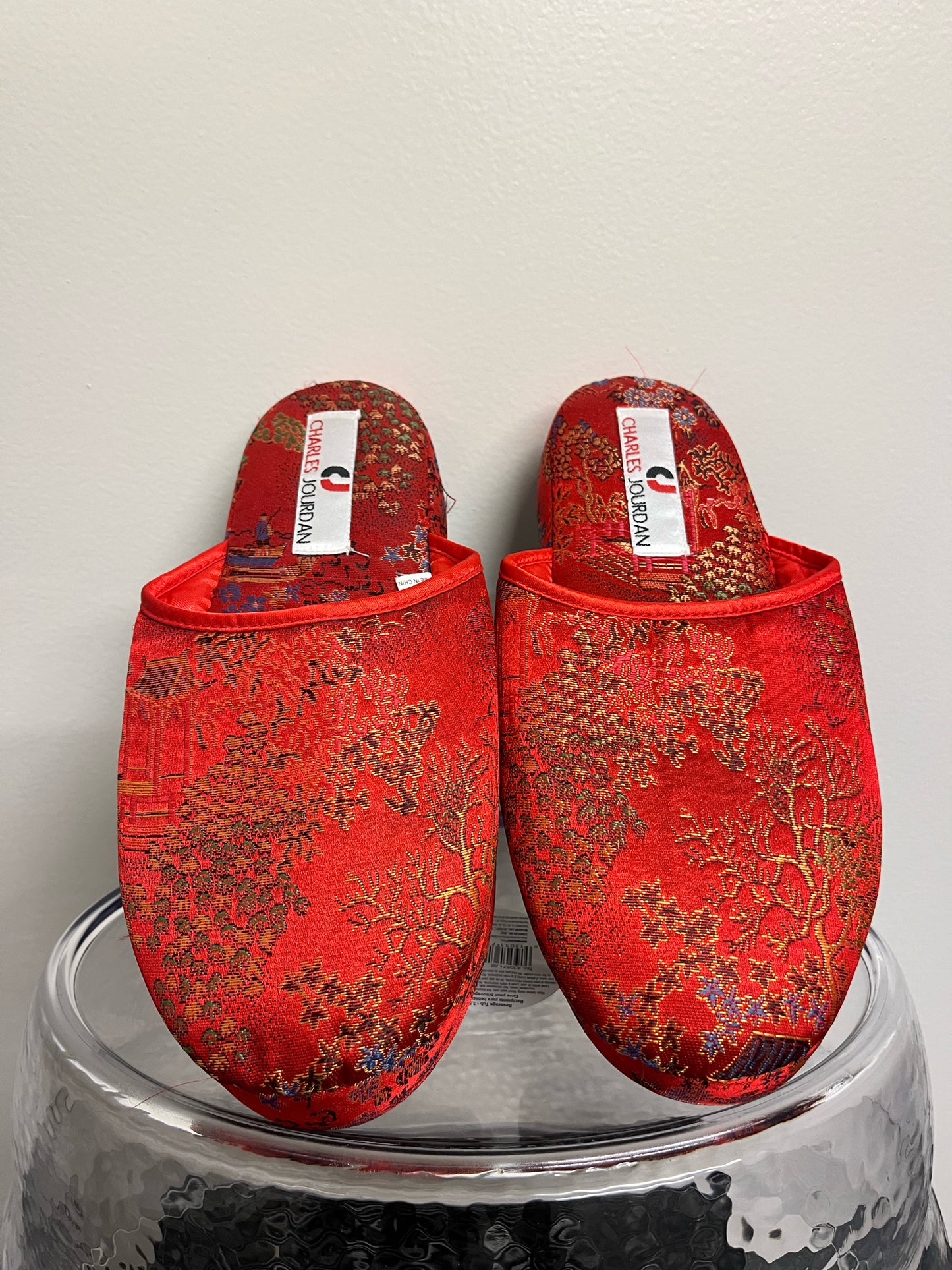 Charles Jourdan Red Asian Motif Fabric Slippers