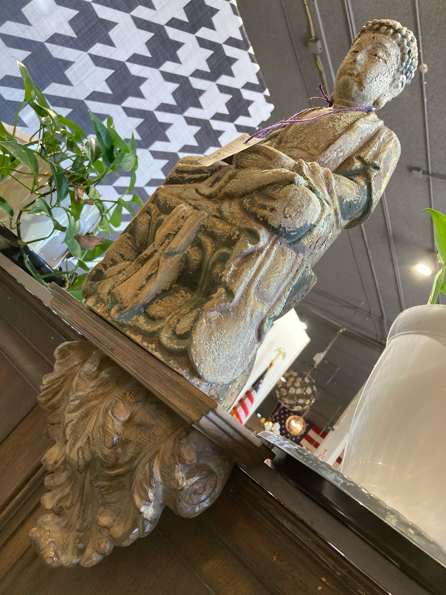 Antique 20" tall Buddha polychromed wood