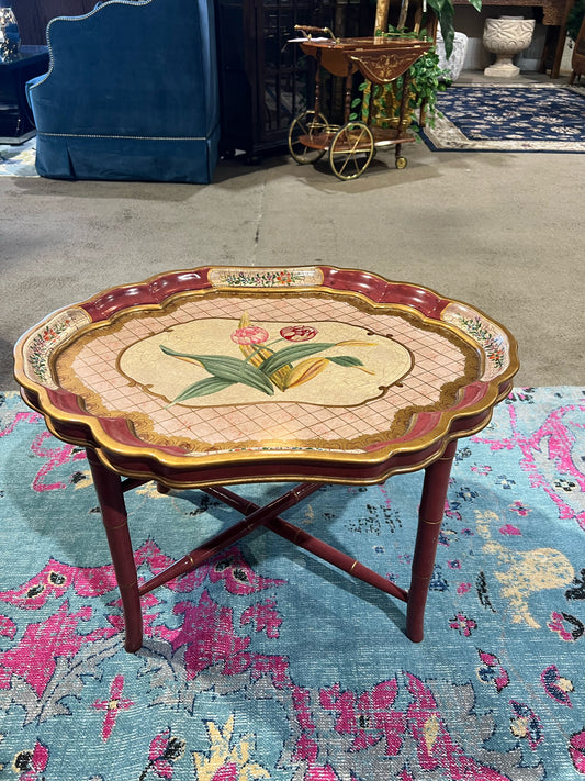 Oriental Accents Vintage Tole Painted Tray Top Red Floral Table