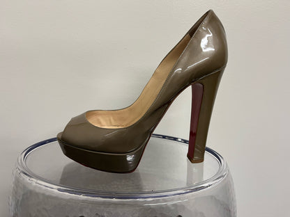 Christian Louboutin Taupe Patent Leather Peep Toe Pumps