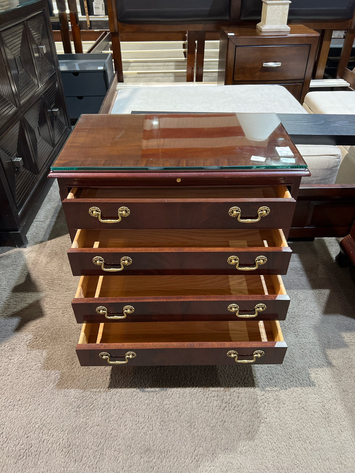 Bernhardt Nightstand Cherry Wood Gold Handle with Glass Top