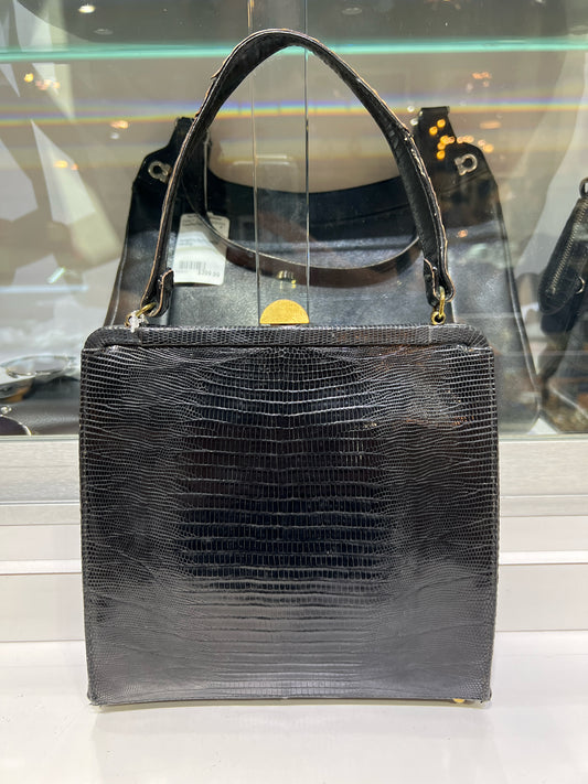 Vintage Black Lizard Leather Gold Hardware Handbag
