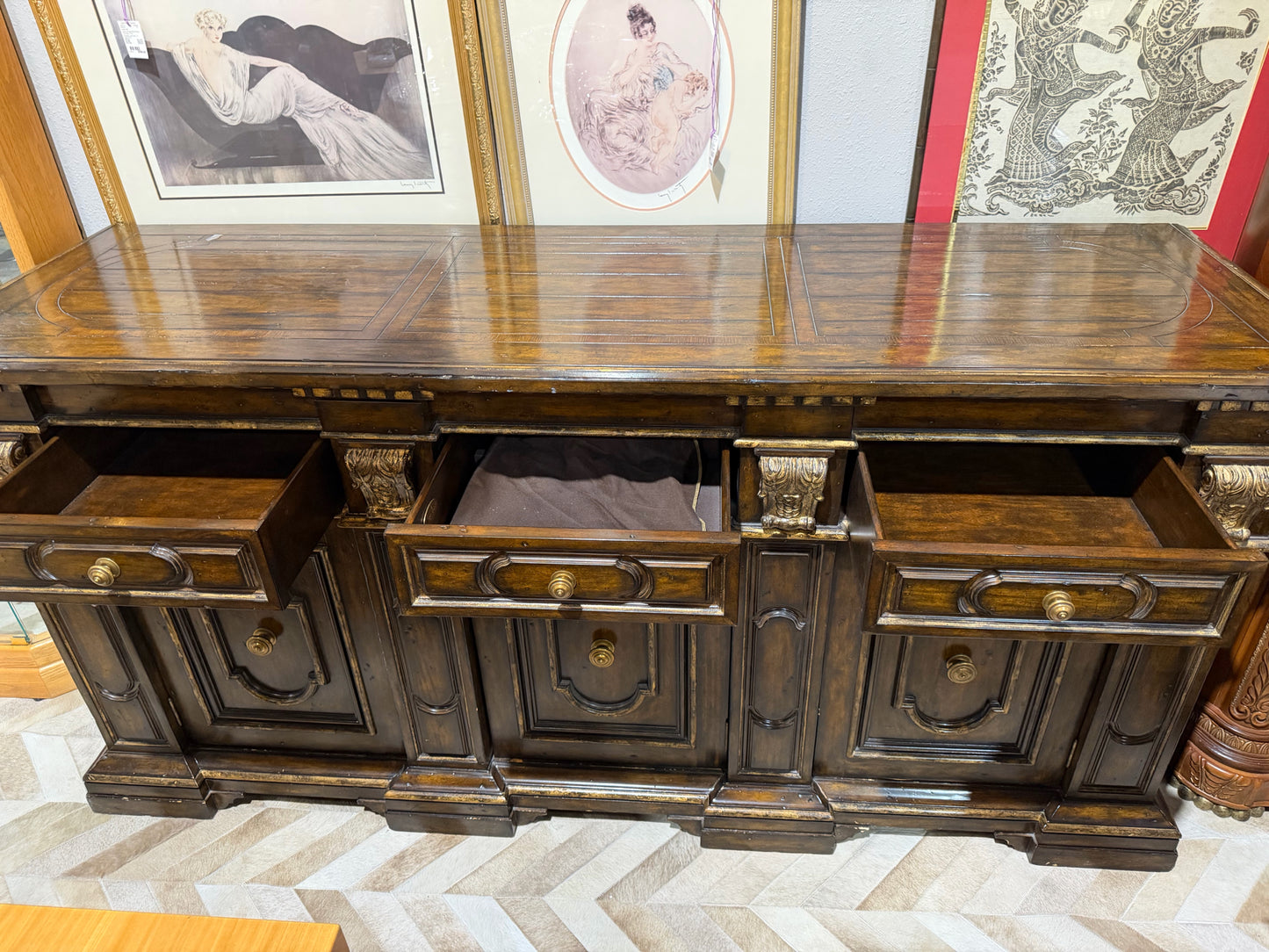 Marge Carson 3 Drawer 3 Door Carved Wood Credenza