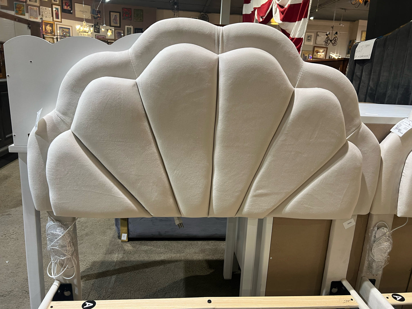 White Velvet Twin Size Shell Back Headboard Bed