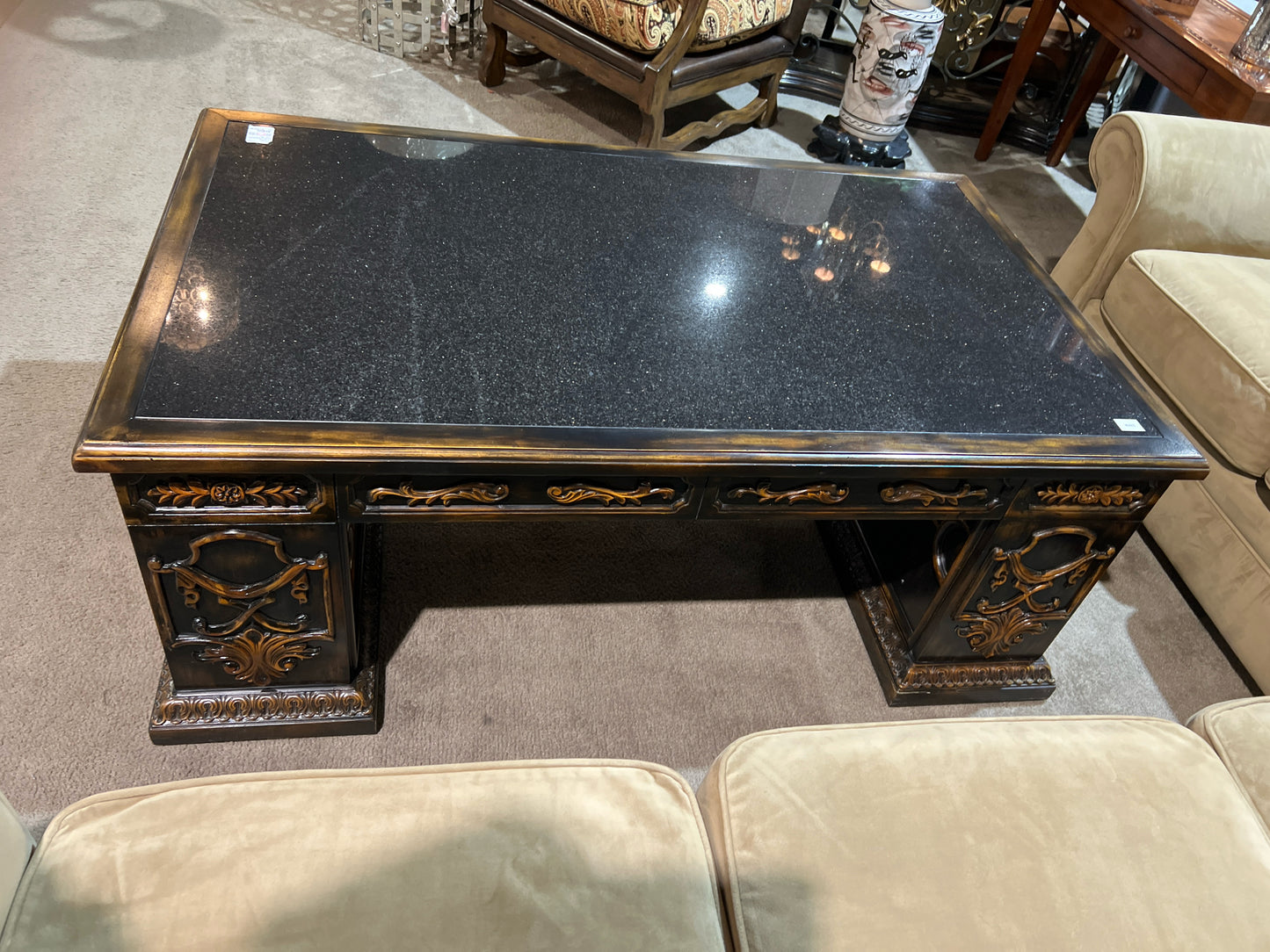 John Richard 4 Drawer Dark Brown Black Granite Top Carved Wood Coffee Table