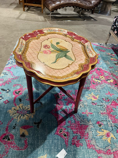 Oriental Accents Vintage Tole Painted Tray Top Red Floral Table
