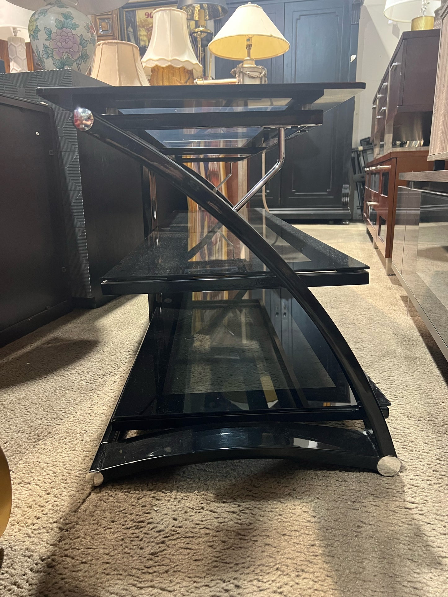 Black 3 Tier Smoke Glass & Metal Media Console