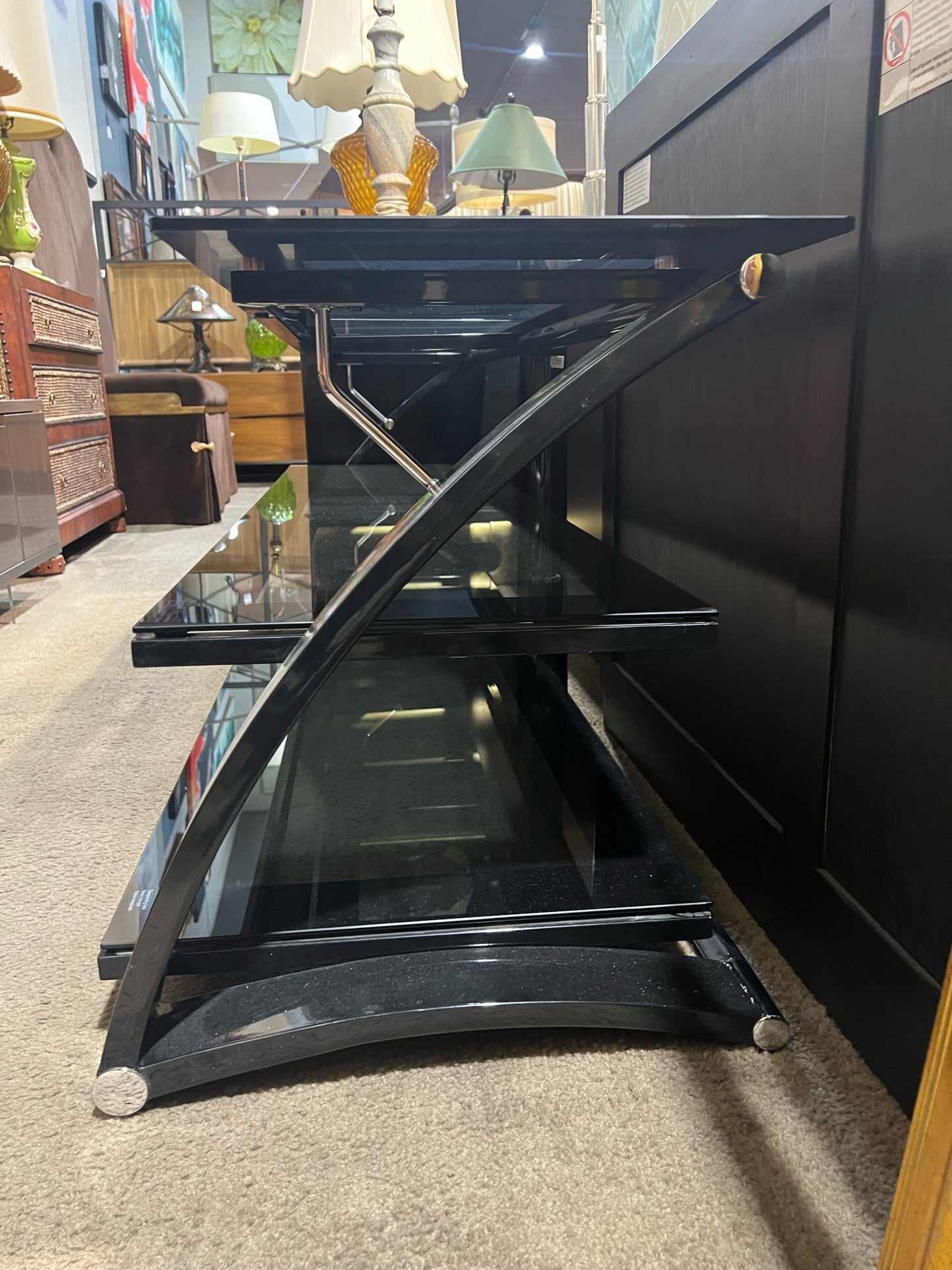 Black 3 Tier Smoke Glass & Metal Media Console