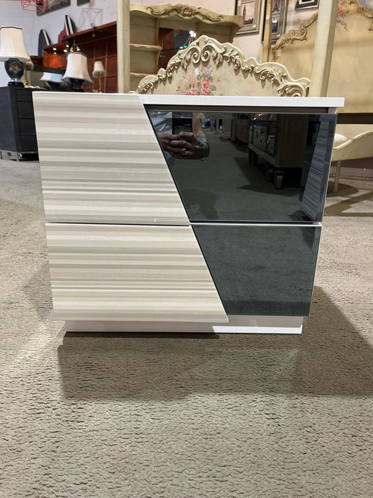 White Lacquered Wood & Smoke Mirror 2 Drawer Nightstand