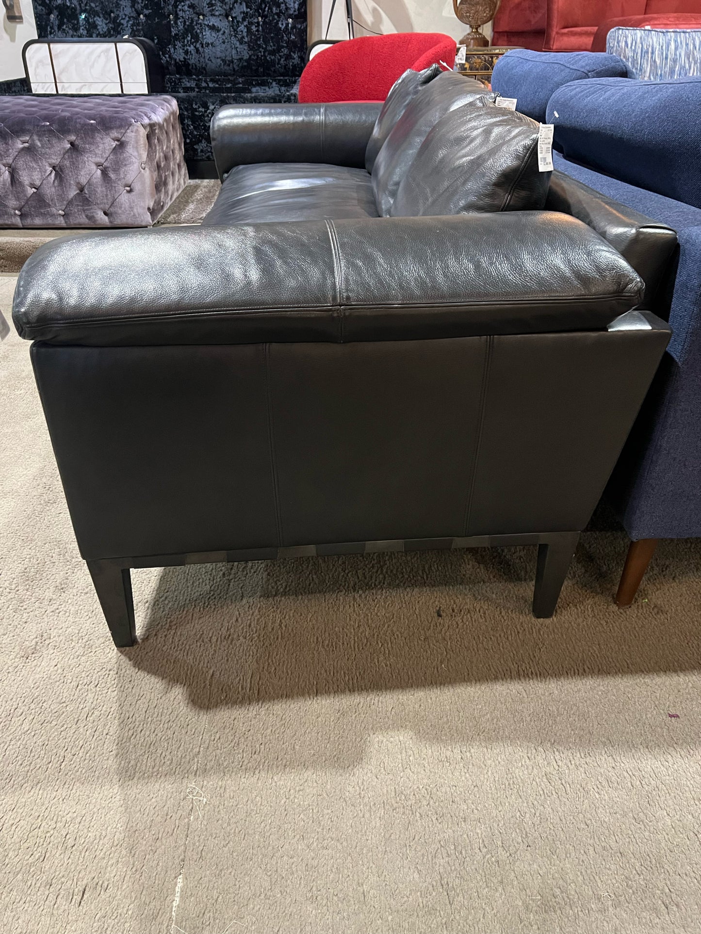 Baker Black Leather Milling Road Sofa & 3  Pillows