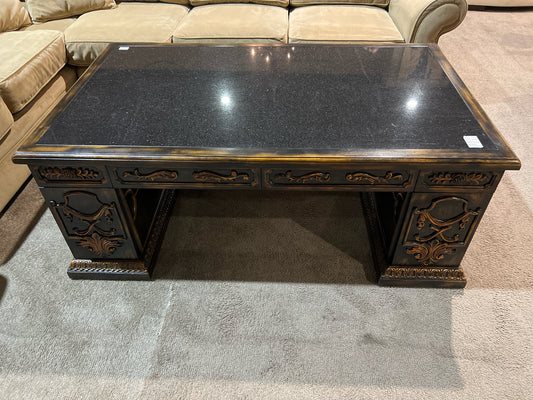 John Richard 4 Drawer Dark Brown Black Granite Top Carved Wood Coffee Table