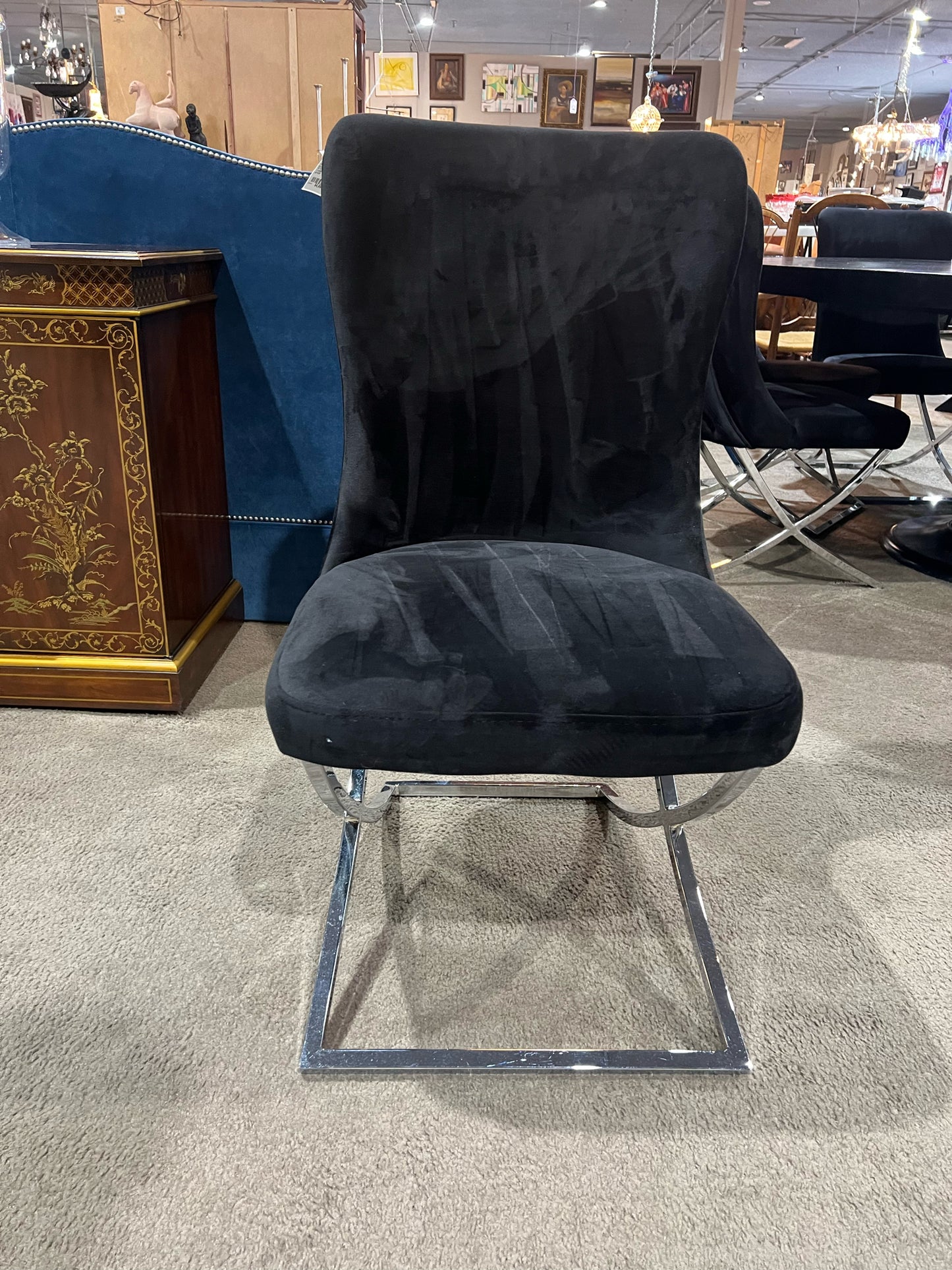 Table & Chairs Black Mahogany Wood & Velvet