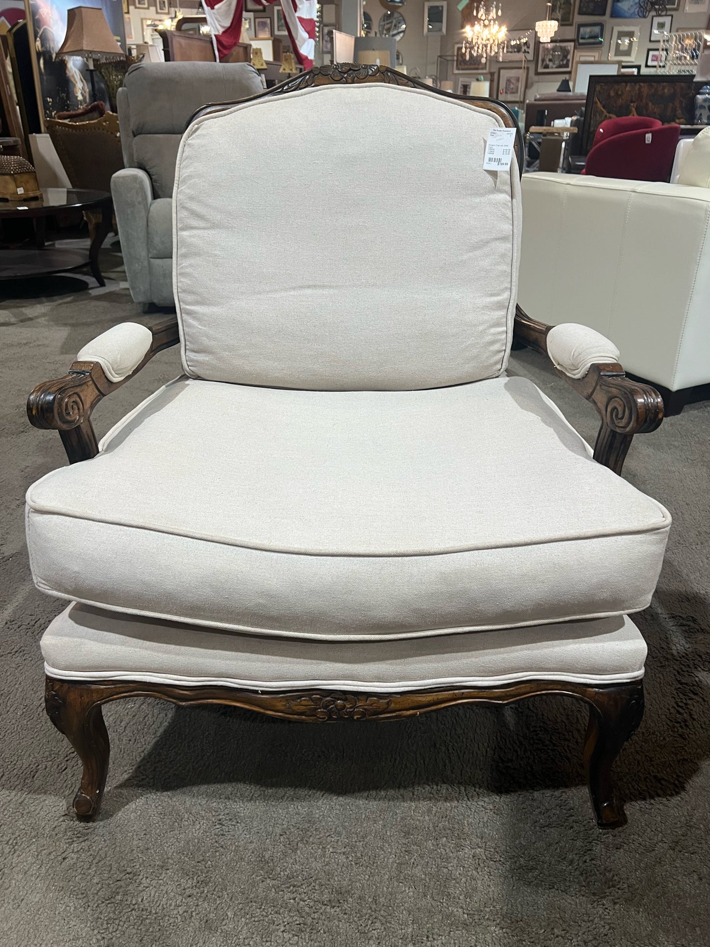 White Fabric & Dark Wood Frame Bergère Chair