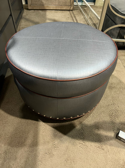 Round Gray Leather Ottoman