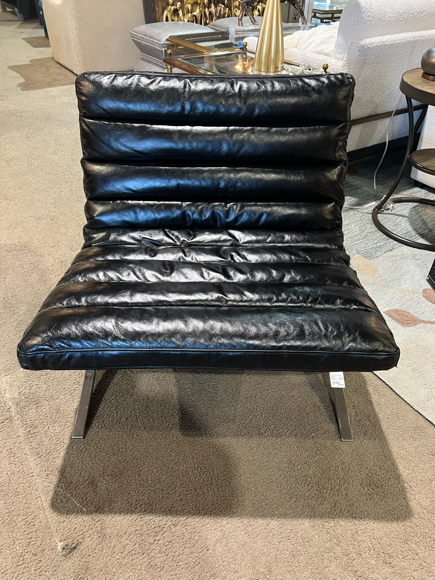 Black Leather & Stainless Steel Barcelona Style Chair