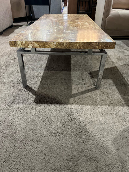 Milo Boughman Style Chrome Frame & Faux Olive Wood Top Coffee Table