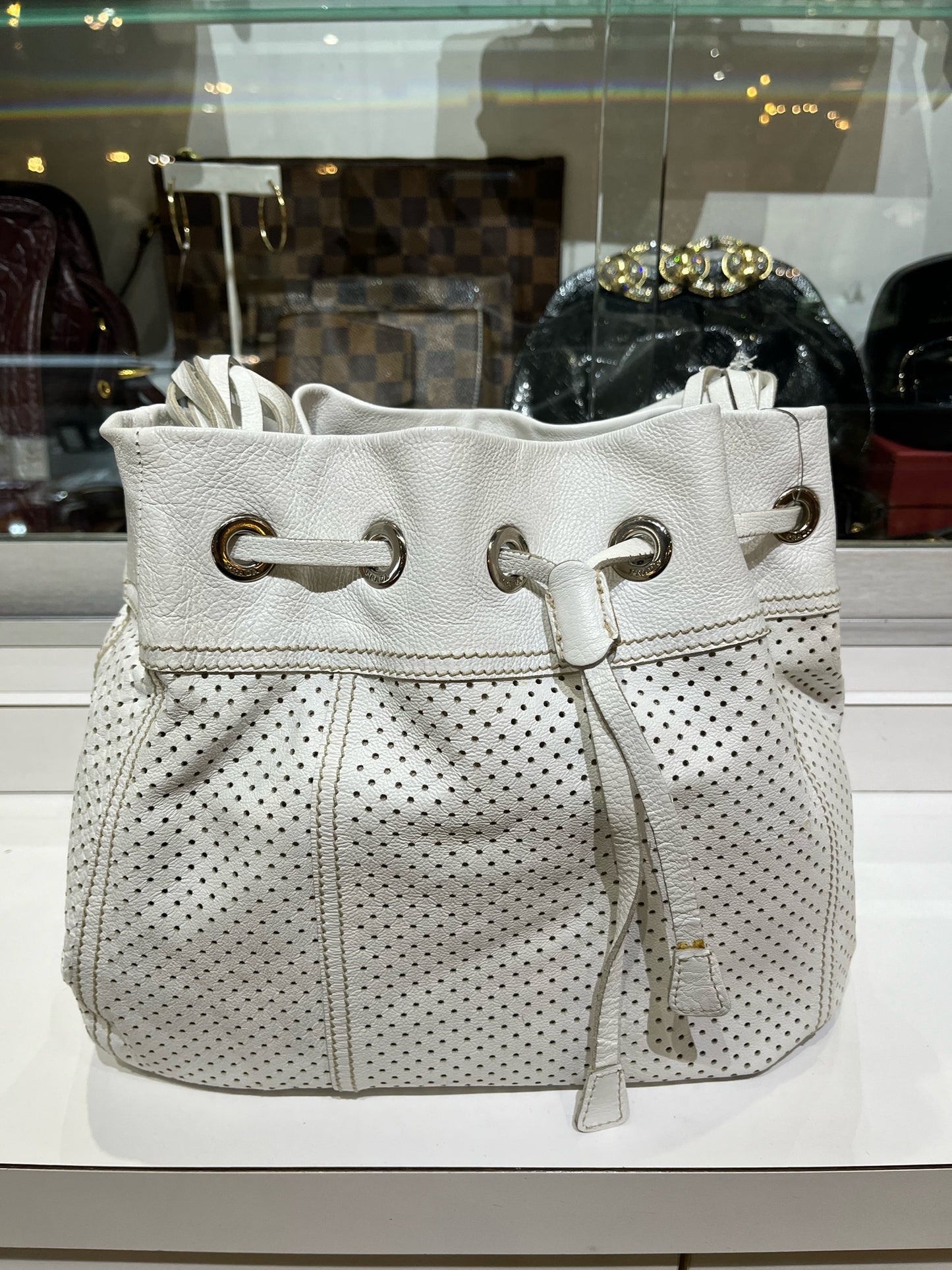 Prada White Perforated Leather Bucket Bag