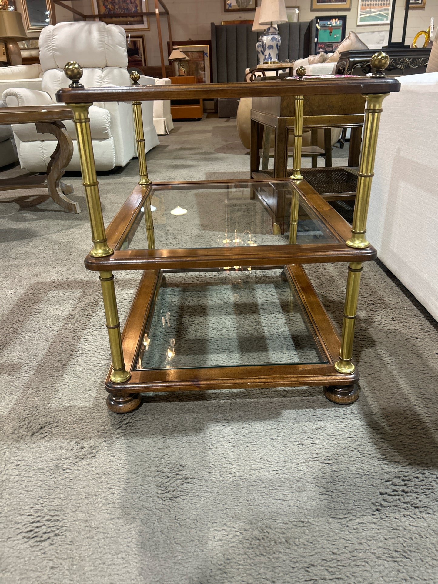 Three Tier End Table w/ Glass Shelves and Brown Gold Accents