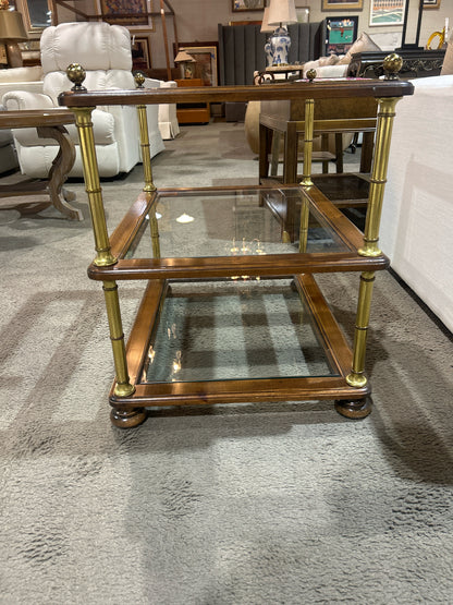 Three Tier End Table w/ Glass Shelves and Brown Gold Accents