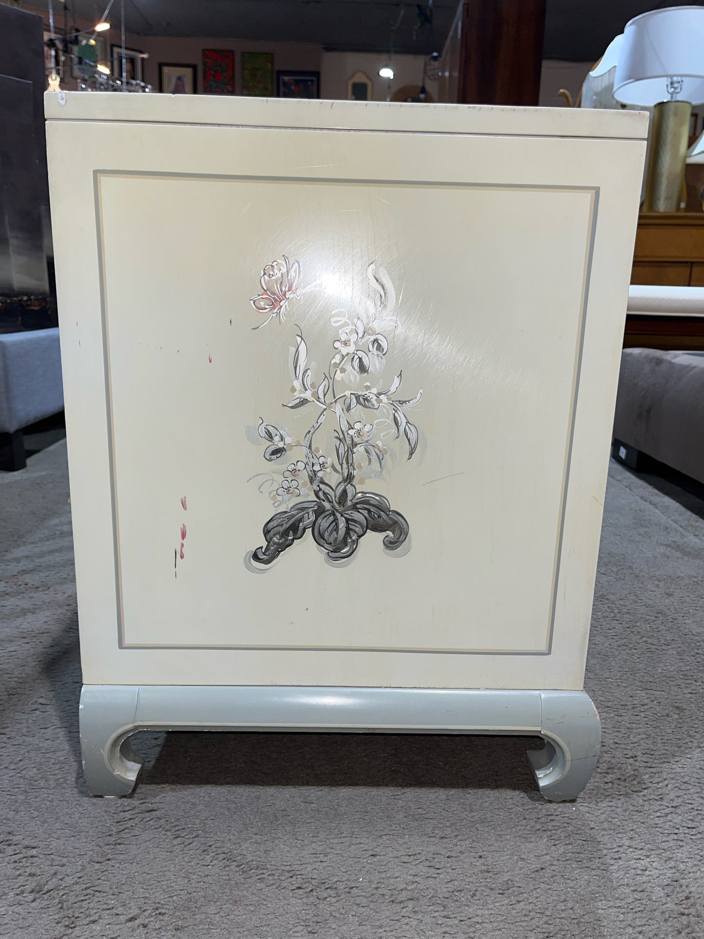 White Two Door Floral Painted Wood Nightstand