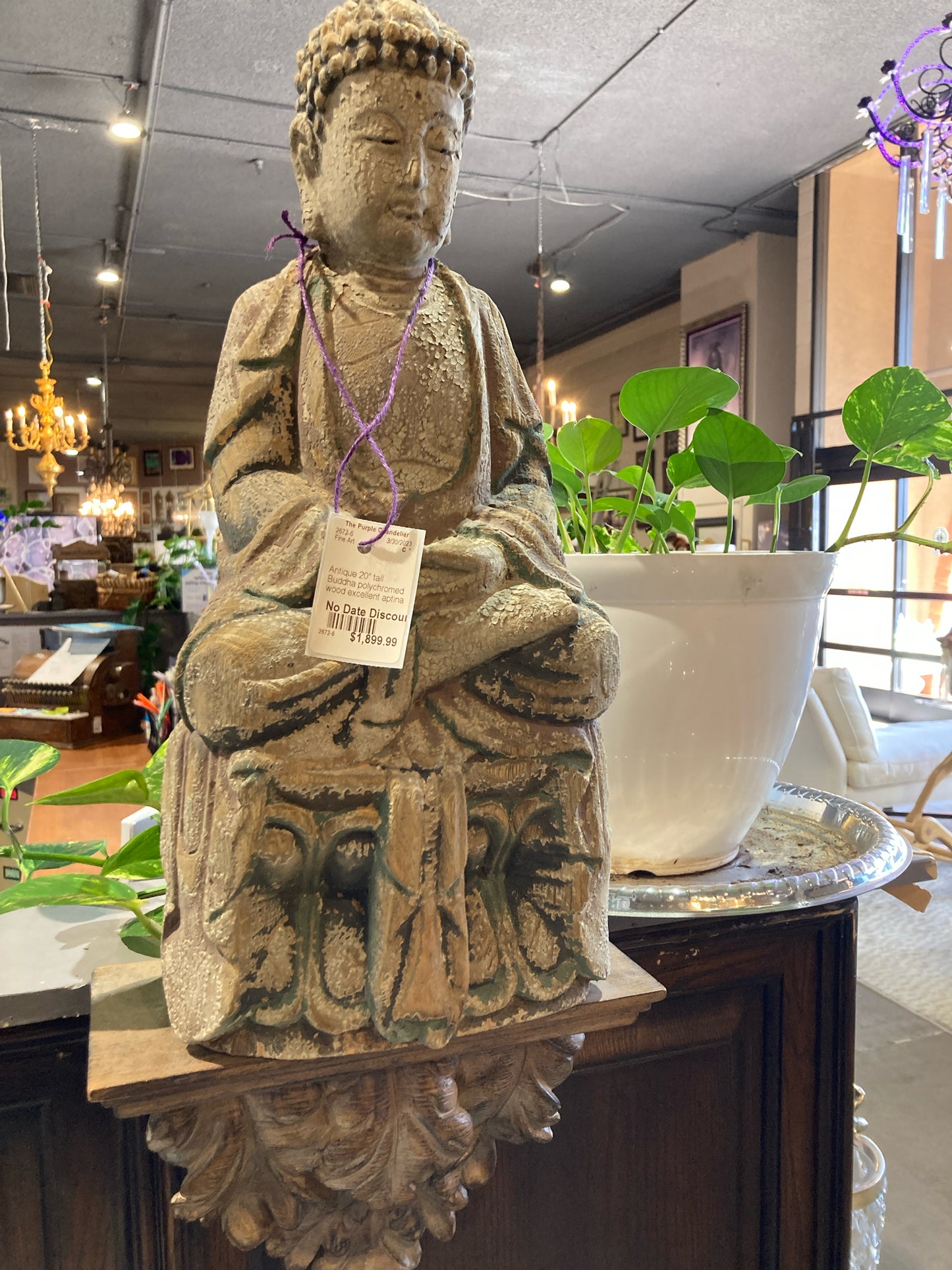 Antique 20" tall Buddha polychromed wood