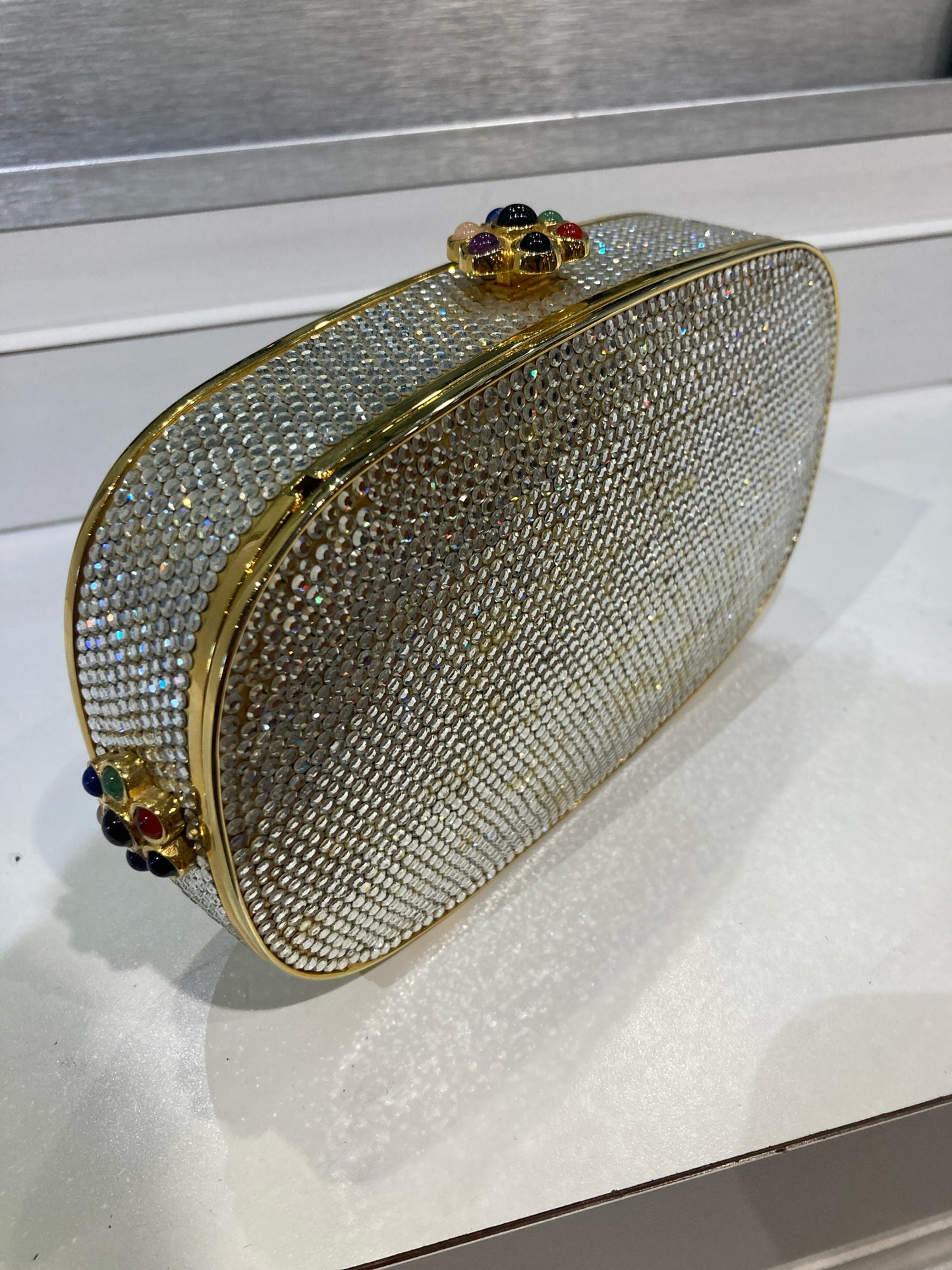 Judith Leiber Oval Clear Rhinestone Minaudiere Clutch